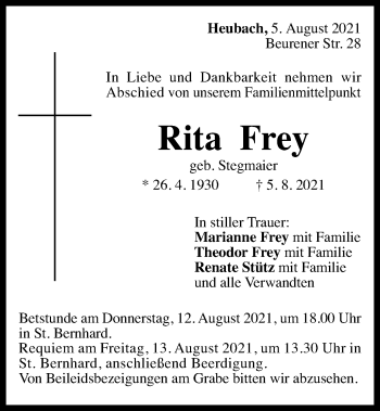 Traueranzeige von Rita Frey