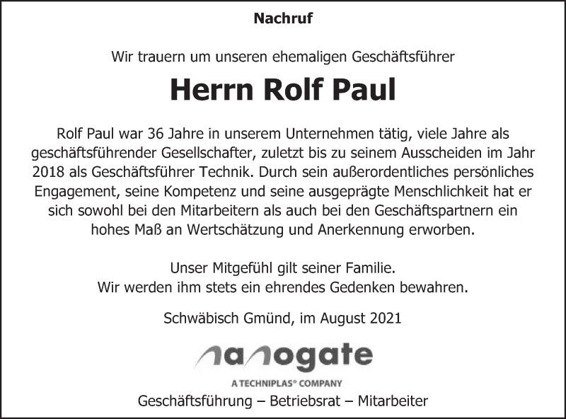  Traueranzeige für Rolf Paul vom 25.08.2021 aus Gmünder Tagespost