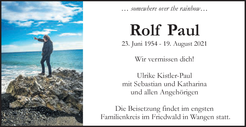  Traueranzeige für Rolf Paul vom 24.08.2021 aus Gmünder Tagespost