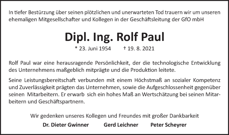  Traueranzeige für Rolf Paul vom 25.08.2021 aus Gmünder Tagespost