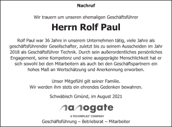 Traueranzeige von Rolf Paul von Gmünder Tagespost