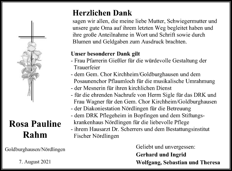  Traueranzeige für Rosa Pauline Rahm vom 07.08.2021 aus Schwäbische Post