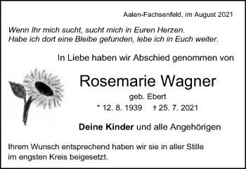 Traueranzeige von Rosemarie Wagner von Schwäbische Post
