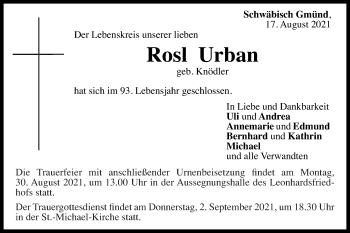 Traueranzeige von Rosl Urban von Gmünder Tagespost