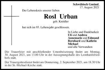 Traueranzeige von Rosl Urban