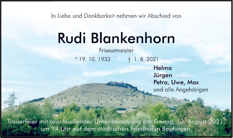  Traueranzeige für Rudi Blankenhorn vom 07.08.2021 aus Schwäbische Post