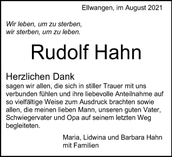 Traueranzeige von Rudolf Hahn von Schwäbische Post