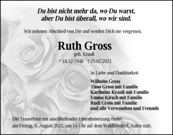 Traueranzeige von Ruth Gross von Schwäbische Post