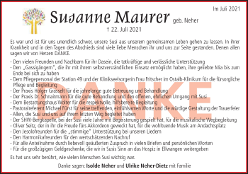 Traueranzeige von Susanne Maurer von Schwäbische Post