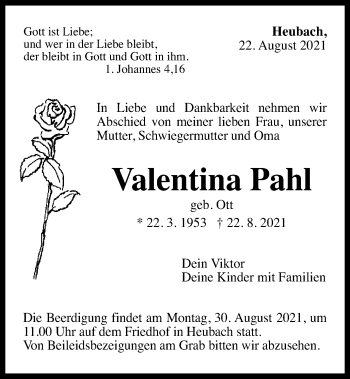 Traueranzeige von Valentina Pahl von Gmünder Tagespost