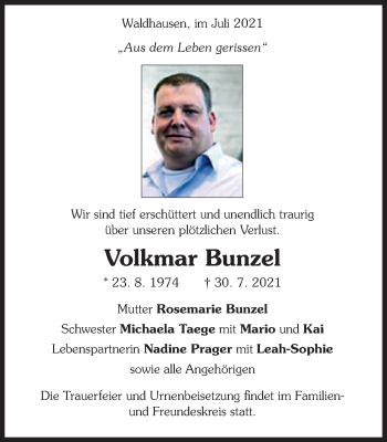 Traueranzeige von Volkmar Bunzel von Schwäbische Post