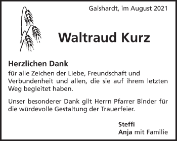 Traueranzeige von Waltraud Kurz von Schwäbische Post
