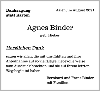 Traueranzeige von Agnes Binder von Schwäbische Post