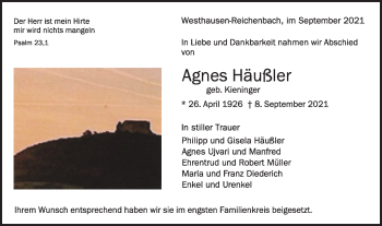 Traueranzeige von Agnes Häußler von Schwäbische Post