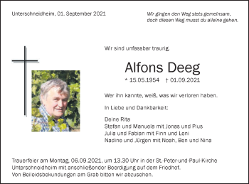 Traueranzeige von Alfons Deeg von Schwäbische Post