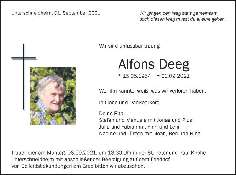  Traueranzeige für Alfons Deeg vom 04.09.2021 aus Schwäbische Post