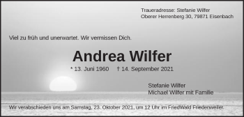 Traueranzeige von Andrea Wilfer von Gmünder Tagespost