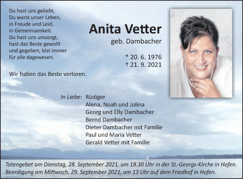  Traueranzeige für Anita Vetter  vom 25.09.2021 aus Schwäbische Post