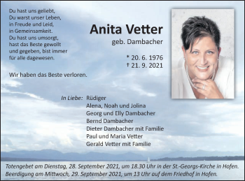 Traueranzeige von Anita Vetter  von Schwäbische Post