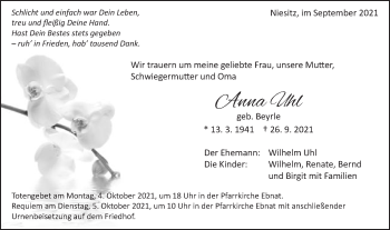Traueranzeige von Anna Uhl von Schwäbische Post