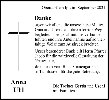 Traueranzeige von Anna Uhl von Schwäbische Post