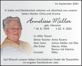 Traueranzeige von Anneliese Müller von Schwäbische Post