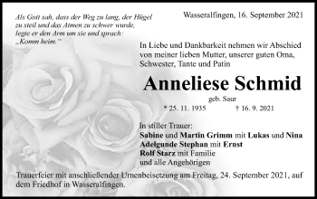 Traueranzeige von Anneliese Schmid von Schwäbische Post