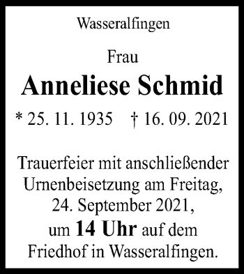 Traueranzeige von Anneliese Schmid von Schwäbische Post