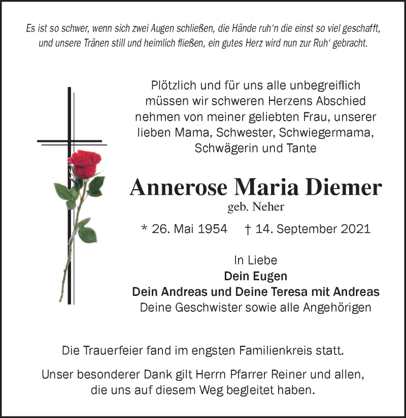  Traueranzeige für Annerose Maria Diemer vom 30.09.2021 aus Schwäbische Post