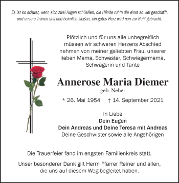 Traueranzeige von Annerose Maria Diemer von Schwäbische Post