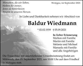 Traueranzeige von Baldur Wiedmann von Gmünder Tagespost