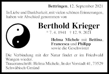 Traueranzeige von Berthold Krieger von Gmünder Tagespost