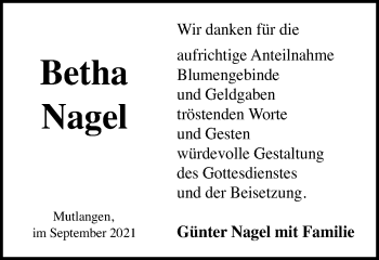 Traueranzeige von Betha Nagel von Gmünder Tagespost