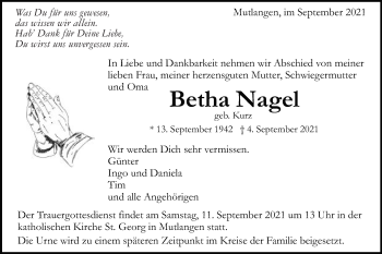 Traueranzeige von Betha Nagel von Gmünder Tagespost