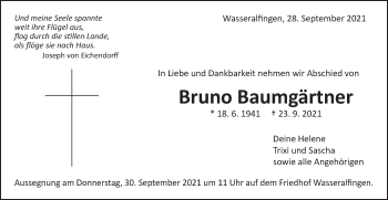 Traueranzeige von Bruno Baumgärtner von Schwäbische Post