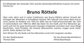Traueranzeige von Bruno Röttele von Gmünder Tagespost