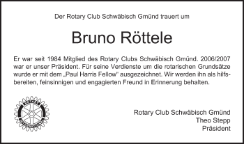 Traueranzeige von Bruno Röttele von Gmünder Tagespost