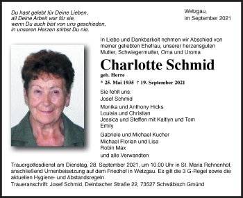 Traueranzeige von Charlotte Schmid von Gmünder Tagespost