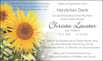Traueranzeige von Christa Lauster von Schwäbische Post