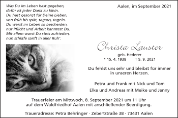 Traueranzeige von Christa Lauster von Schwäbische Post