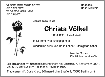 Traueranzeige von Christa Völkel von Gmünder Tagespost