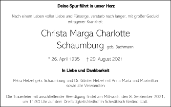 Traueranzeige von Christa Marga Charlotte Schaumburg von Gmünder Tagespost