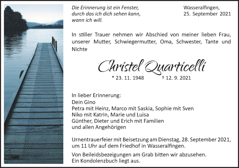  Traueranzeige für Christel Quarticelli vom 25.09.2021 aus Schwäbische Post