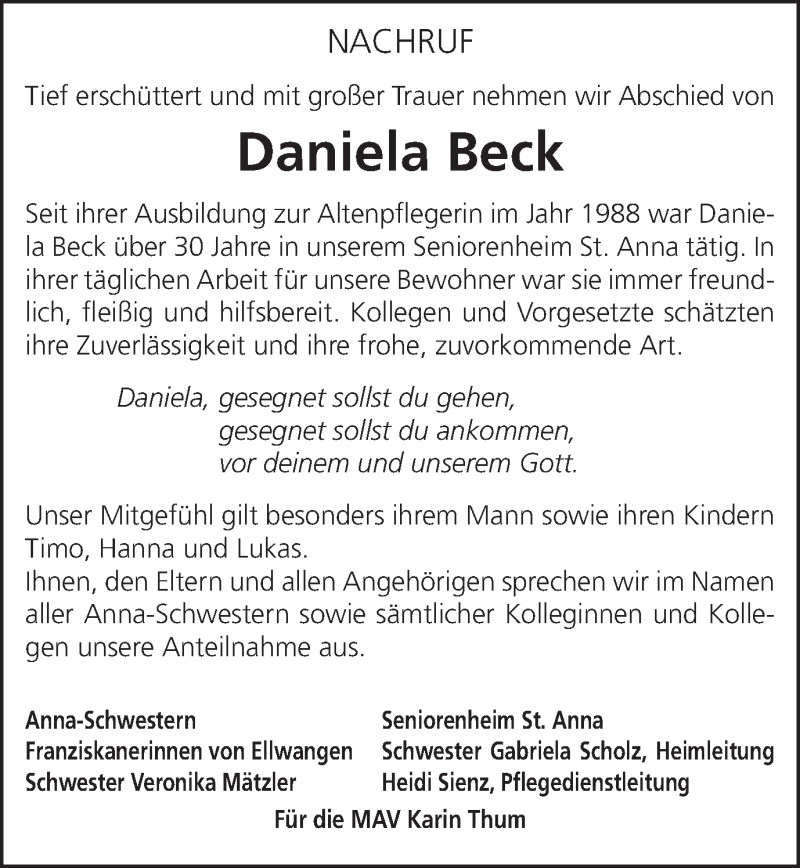 Traueranzeigen von Daniela Beck | OstalbTrauer