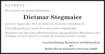 Traueranzeige von Dietmar Stegmaier von Gmünder Tagespost