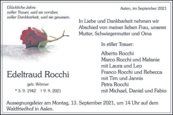 Traueranzeige von Edeltraud Rocchi von Schwäbische Post
