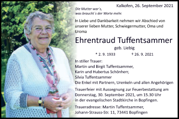 Traueranzeige von Ehrentraud Tuffentsammer von Schwäbische Post