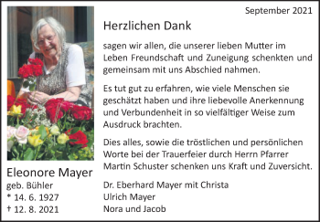 Traueranzeige von Eleonore Mayer von Schwäbische Post