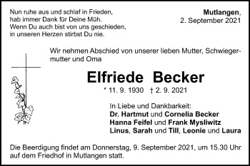 Traueranzeige von Elfriede Becker von Gmünder Tagespost