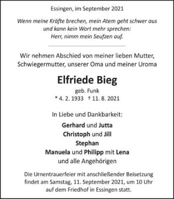 Traueranzeige von Elfriede Bieg von Schwäbische Post